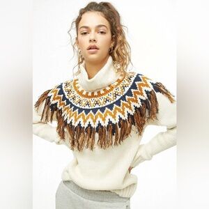 Forever 21 Cream Navy Blue Nordic Boho Fair Isle Fringe Sweater Women’s Sz M